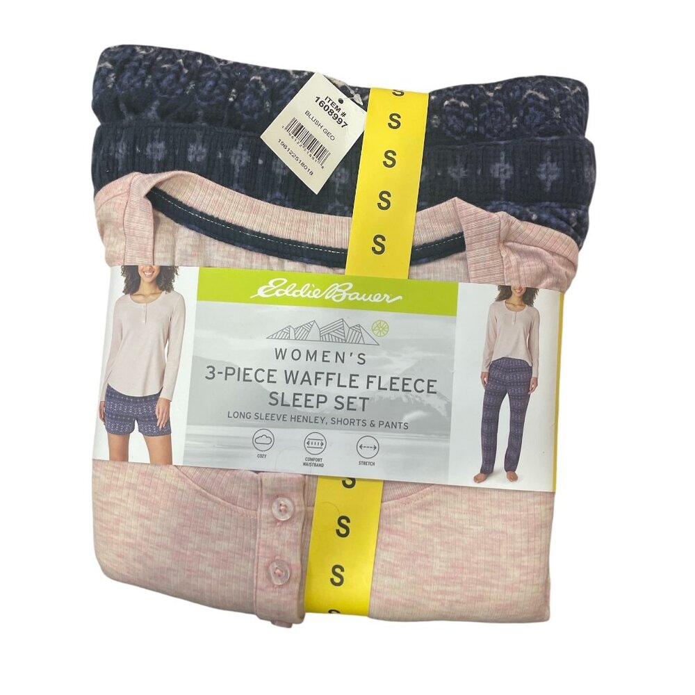 Women's 3- Piece Waffle Fleece Sleep Set, Eddie Bauer, S, Blue & pink, NWT